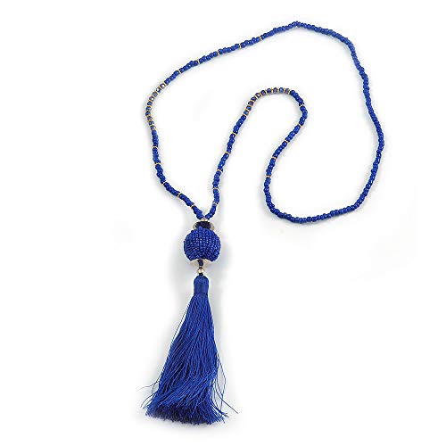 Avalaya - Collar con borla de algodón con cuentas de cristal azul - 72 cm de largo / 14 cm de borla