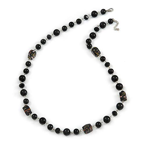 Avalaya - Collar con Cuentas de cerámica, Estilo Perla Negra, Cristal y Floral, 72 cm de Largo y 4 cm de Largo