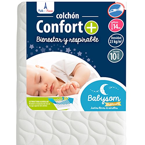 Babysom - Colchón Cuna Bebé Confort+ - 60 x 120 cm - Altura 14 cm - Antiasfixia - Transpirable - Reglaje Térmico - Desenfundable - Garantía 10 años