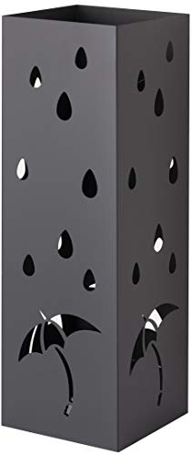 Baroni Home - Paragüero cuadrado de metal con ranuras en forma de paraguas y lluvia, color negro, 15,5 x 15,5 x 49 cm, con gancho y bandeja para la lluvia extraíble