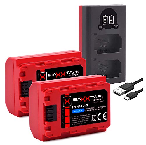 Baxxtar Pro (2X) Batería NP-FZ100 (Generación IV - 2250mAh) también Compatible con Sony Alpha 7c 7R IV etc - Cargador Mini 18582 LCD Dual (Entrada USB-C/MicroUSB)
