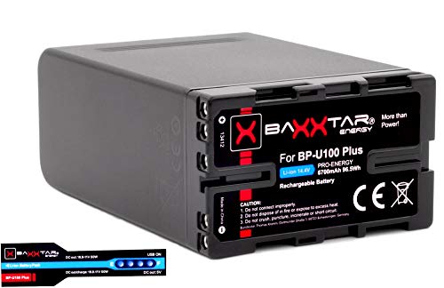 Baxxtar PRO BP-U100 Plus - Batería de repuesto para Sony BP-U100, BP-U95, BP-U90, BP-U65, BP-U60 y BP-U70 (6700 mAh/96,5 Wh), serie negra, 2 D-Tap y 1 salida USB (función Powerbank)