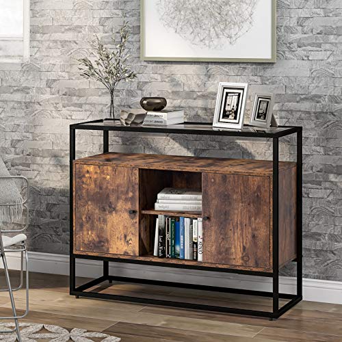 belupai Aparador lateral de cocina con cristal templado para salón, cocina, comedor, dormitorio, diseño industrial, marrón y negro, 100 x 35 x 80 cm belupai Aparador lateral de cocina con cristal templado para salón, cocina, comedor, dormitorio, diseño industrial, marrón y negro, 100 x 35 x 80 cm