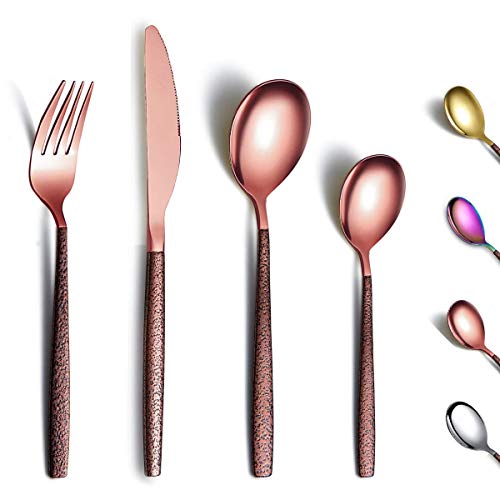 Berglander Juego de cubiertos de 24 piezas con mango de superficie lunar y cabeza de oro rosa brillante enchapado en titanio acero inoxidable cobre juego de cuberteria utensilios servicio para 6 Berglander Juego de cubiertos de 24 piezas con mango de superficie lunar y cabeza de oro rosa brillante enchapado en titanio acero inoxidable cobre juego de cuberteria utensilios servicio para 6