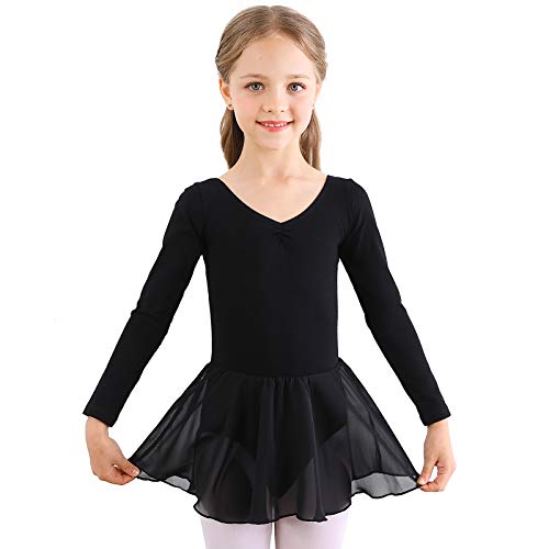 Bezioner Vestido de Ballet Maillot de Danza Gimnasia Leotardo Algodón Body Clásico para Niña (130 (120-130 cm,8-9 años), Negro Manga Larga)
