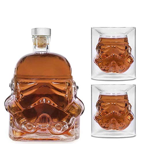 Bkuter Bottle - Jarra de whisky creativa transparente para whisky, vodka y vino, 1 botella Stormtrooper (750 ml) y 2 vasos (8,5 x 9,5 x 9 cm)