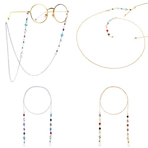 Cadenas de Anteojos Cadena Larga de Gafas para Mujer Brillantes Correa de Retención para Gafas con Cuentas de Cristal de Color y Las Hebillas de Gel de Sílice Antideslizantes 4 Piezas (Oro y Plata)