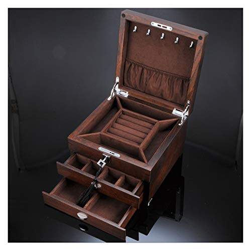 Caja De Joyería De Madera Maciza Old ELM Caja De Joyería De Madera con Llave Y 2 Cajones 3 Capas Organizador De Joyería De 3 Capas (Color : Dark Brown Lining)