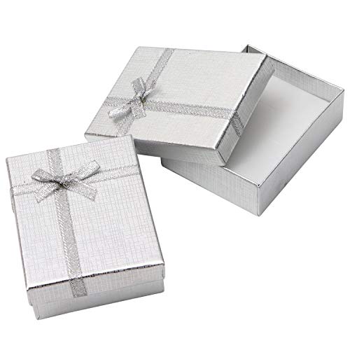 Cajas de Regalo Joyeria (Pack de 24) - (8,5x6,5x2,5cm) Plata Cajas de Regalo con Inserto Espuma - Caja de Regalo de Presentación con Diseño de Lazo y Cinta para Collares y Pulseras