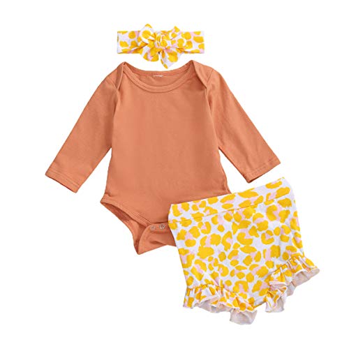 Carolilly - Conjunto de 3 piezas para bebé de manga larga + pantalones + diadema con lazo para niña amarillo 6-9 Meses