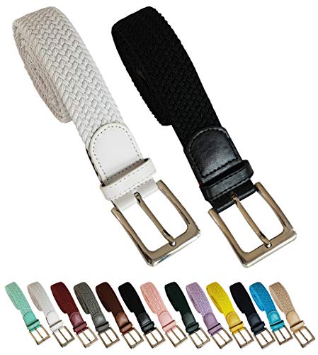 Cinturón trenzado elástico y extensible 2 piezas cinturones con hebilla para hombre y mujer. Pack de 2 colores (Blanco - Negro, 110cm)