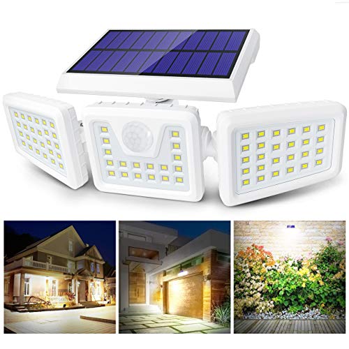 Claoner Luz Solar Exterior, 70 LED Foco Solar con Sensor de Movimiento Lámpara Solar de Seguridad Impermeable IP65 con 3 Cabezas Ajustable de 360° para Entrada Garaje Patio y Jardín