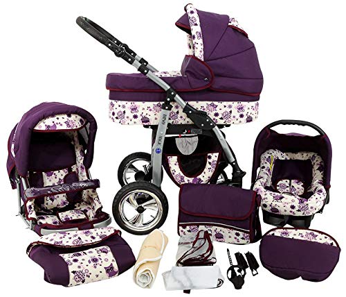 Cochecito de bebe 3 en 1 2 en 1 Trio Isofix silla de paseo D-Deluxe by SaintBaby búho lila 3in1 con Silla de coche
