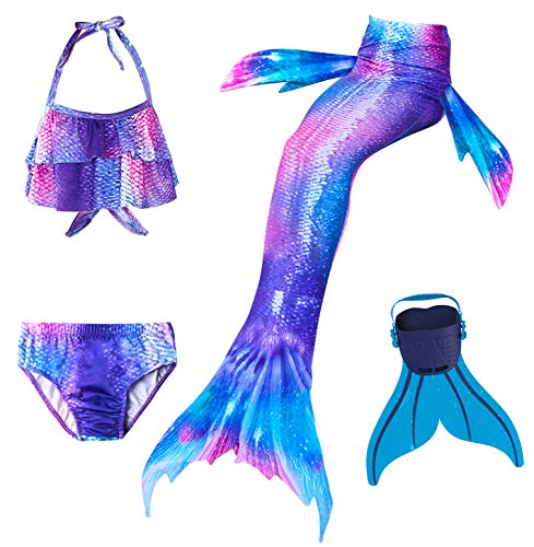 Cola de Sirena para Natación Traje de Baño 4pcs Mermaid Bikini Establece para Niña Disfraz de Sirena Princesa Cosplay Conjuntos con Monofín