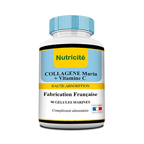 Colágeno marino + Vitamina C - 90 cápsulas-600 MG-Calidad francesa al precio correcto - Colágeno anti edad natural para una cara y una piel más brillante