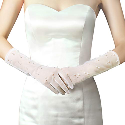 Coucoland - Guantes de novia de malla con encaje, largo/cortos, con perlas, para bodas, fiestas de noche, accesorios 35 cm de largo con perlas de color blanco. Talla única