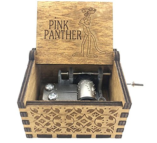 Cuzit Caja de música con diseño de Pantera Rosa tallada de madera de manivela de juguete de regalo de cumpleaños