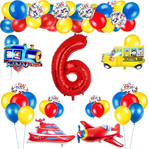 Decoración de globos de cumpleaños de tráfico para niños, globo de número rojo gigante [6], tema de tráfico, decoración de globos de feliz cumpleaños, avión, tren, autobús, yate