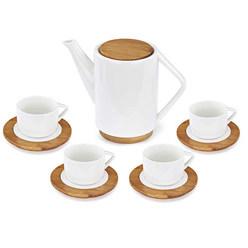 Deerfield Servicio de té de porcelana de bambú, 9 piezas, set de regalo, tetera de 1000 ml, con 4 tazas de té y platillos, diseño moderno
