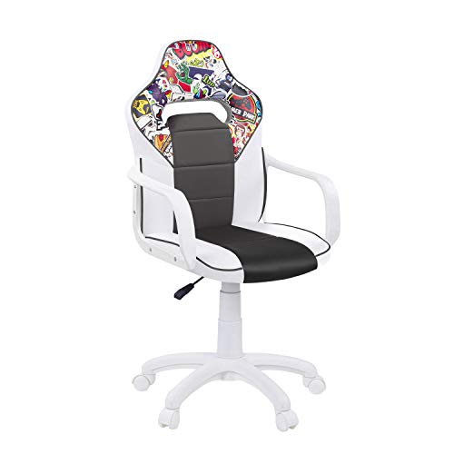 DRW, Sillon Gaming, Silla de Escritorio, Estudio o Despacho, Acabado en Color Blanco-Gris y Stickers, Medidas: 60 cm (Ancho) x 60 cm (Fondo) x 98-108 cm (Alto)