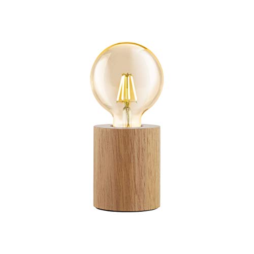 EGLO Lámpara de mesa Turialdo, 1 lámpara de mesa industrial vintage, moderna, lámpara de noche de madera y acero, lámpara de salón en naturaleza, negro, lámpara con interruptor, casquillo E27