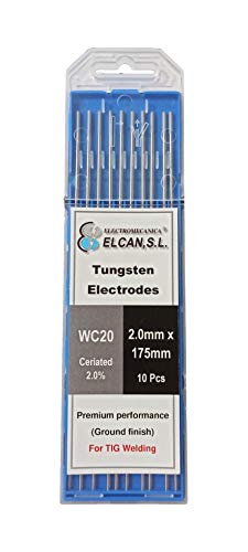 ELCAN Tungstenos soldadura TIG Cerio 2.0% Gris WC20 profesional, electrodos soldadura para torcha TIG de 1,0 1,6 2,0 2,4 3,2 mm, 10 unidades - Dimensiones: 2,0 x 175 mm