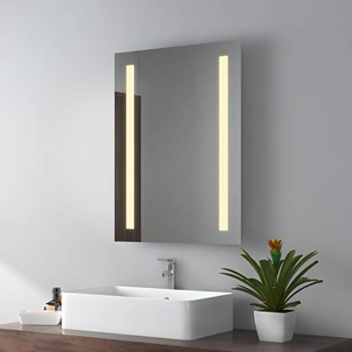 EMKE Espejo de baño LED, 50 x 70 cm, espejo de baño con iluminación, luz blanca cálida, espejo de pared IP44, bajo consumo