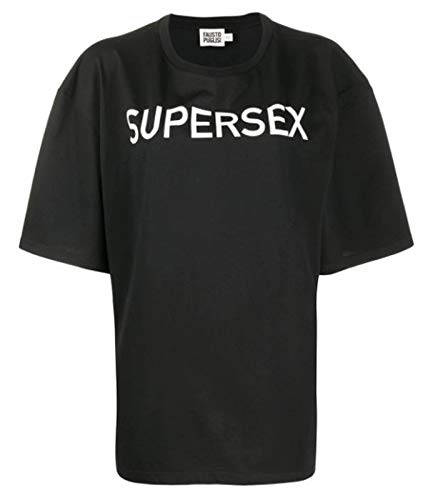 FAUSTO PUGLISI Camiseta de hombre negra de algodón con cuello redondo con impresión de gran tamaño. Negro XS