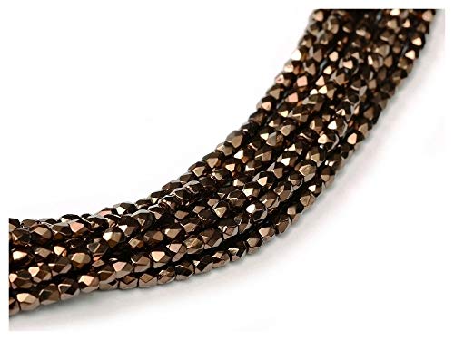 Fire-Polished Beads, 2 mm, 150 Piezas, Cuentas de Vidrio facetadas Redondas checas, Pulido al Fuego, Jet/Bronze (Dark Brown Metallic)