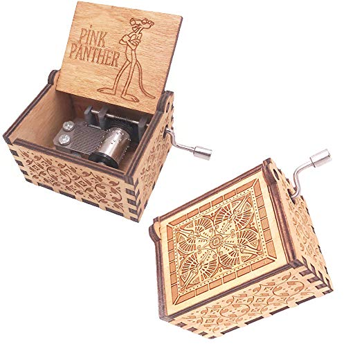 FnLy Caja de música de madera grabada con diseño de Pantera Rosa con 18 notas, diseño antiguo tallado, caja musical pequeña, color marrón