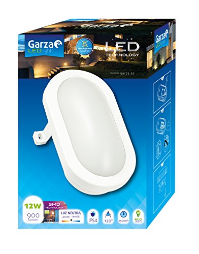 Garza Lighting Outdoor - Plafón LED Oval de Exterior, Potencia 12W, Protección contra Agua y Polvo IP54, Luz Neutra 4000K, color Blanco