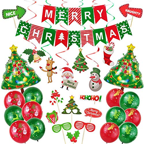 Globos de Navidad y equipo de fotos, juego de globos decorativos y carteles de Navidad, accesorios para Navidad, para fiestas de Navidad en casa y oficina, rojo/verde, 48 unidades