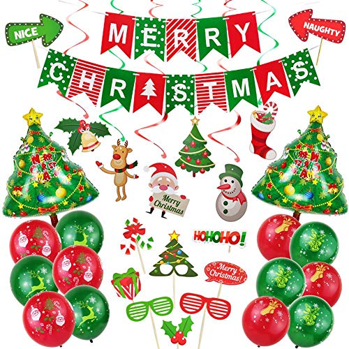 Globos de Navidad y equipo de fotos, juego de globos decorativos y carteles de Navidad, accesorios para Navidad, para fiestas de Navidad en casa y oficina, rojo/verde, 48 unidades Globos de Navidad y equipo de fotos, juego de globos decorativos y carteles de Navidad, accesorios para Navidad, para fiestas de Navidad en casa y oficina, rojo/verde, 48 unidades
