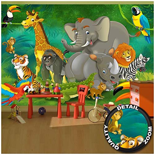 GREAT ART Mural De Pared Cuarto De Los Niños – Jungla Safari – Parque Natural Animales Salvajes Jirafa Elefante Mono Lion Loro Estilo Cómico Foto Tapiz Y Decoración (336 x 238 cm)