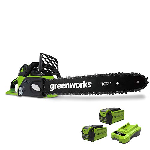 Greenworks Motosierra de batería GD40CS40K2x (Li-Ion 40V 11 m/s velocidad de la cadena 40cm longitud de sable 180ml volumen del tanque de aceite motor sin escobillas con 2x 2Ah batería y cargador)