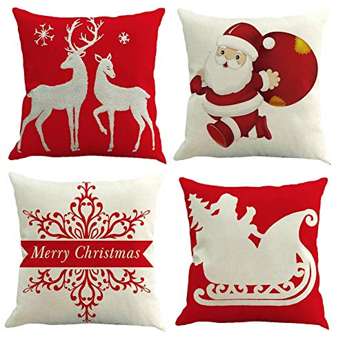 Gspirit 4 Pack Navidad Santa Claus Elk Algodón Lino Throw Pillow Case Funda de Almohada para Cojín 45x45 cm