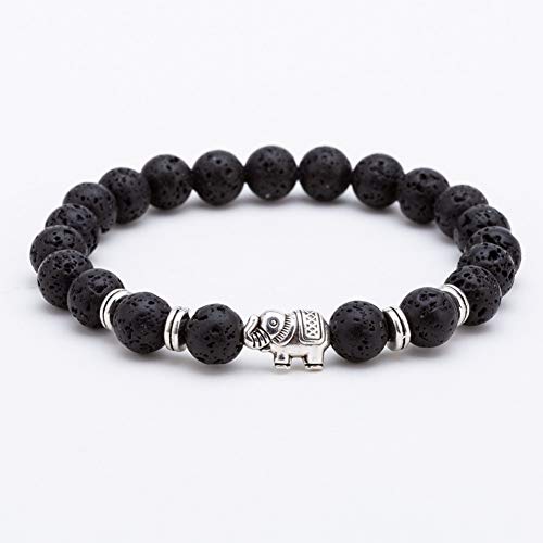 HMKLN Pulsera de Piedra volcánica de Lava Negra de 8 mm. Hombres y Mujeres de Elefante de Plata Antigua Pulsera de Moda.