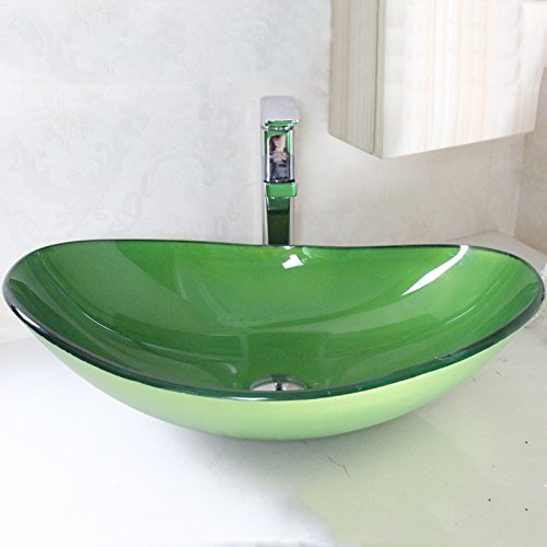 HomeLava Lavabo sobre encimera Lavabo de Cristal Ovalado con Grifo,Verde HomeLava Lavabo sobre encimera Lavabo de Cristal Ovalado con Grifo,Verde