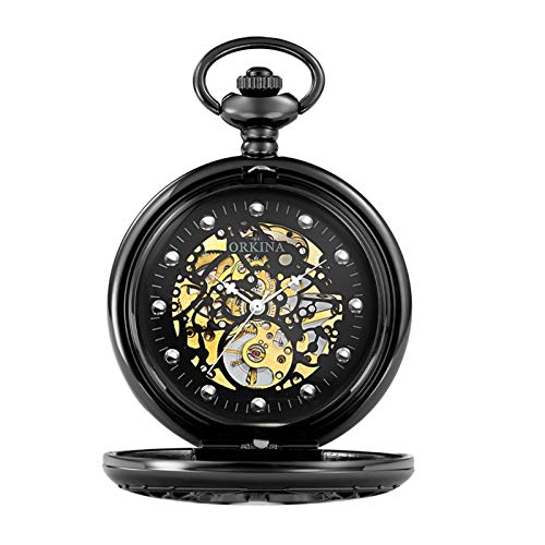 HRWVOR Reloj de Bolsillo mecánico de diseño Tallado Hueco Personalizado, Reloj de Bolsillo de Estilo Vintage con Cadena, Regalo para cumpleaños Aniversario día Navidad Padre Padre (Color : Black)