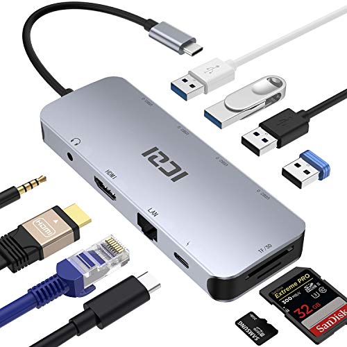 ICZI Hub USB C Thunderbolt 3 10 en 1 de Aluminio Hub USB Tipo C a 4 USB HDMI 4K Dex RJ45 Ethernet Lector de Tarjeta SD TF USB-C Power Delivery Audio Jack Docking Station para Macbook Pro etc
