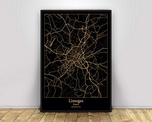 Impresión De Lienzo, Limoges Francia Mapas De Luz De La Ciudad Negros Y Dorados Personalizados Mapa De La Ciudad Del Mundo Carteles Impresiones En Lienzo Estilo Nórdico Arte De Pared Decor,60X90Cm