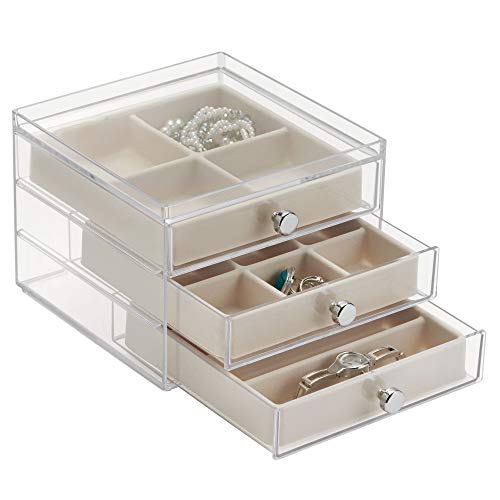 InterDesign Clarity Jewelry Joyero organizador | Caja joyero con 3 cajones y 17 compartimentos | Organizador de joyas antiarañazos | Plástico transparente/marfil