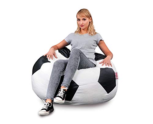 Italpuff - Puf de fútbol de piel sintética negra grande, con saco de piel sintética, balón XL XXL, puf balón blanco/negro, sillón de fútbol (XL: 55 x 90 cm de diámetro)