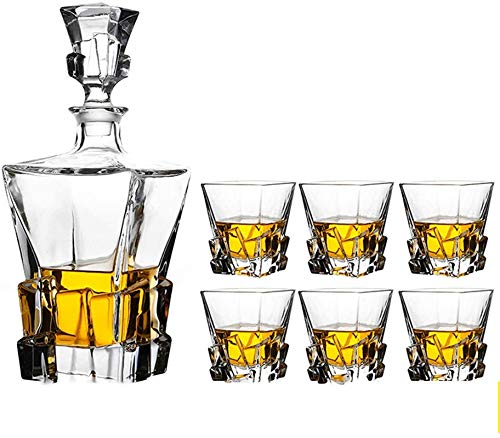 Jarra de whisky 7- Piece Whiskey Decanter Conjunto de regalo para hombres, 800 ml Cubo de hielo Base Decantador de licores con 320 ml de gafas de whisky (6) Juego de decantador de whisky de cristal co