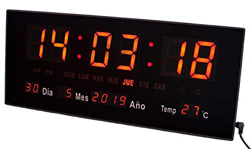 JEVX Reloj Digital de Pared Mediano 2 en 1 para Colgar, Alarma, Iluminacion en Color Rojo, Calendario, Medidor de Temperatura, Fuente de Alimentacion, Termometro