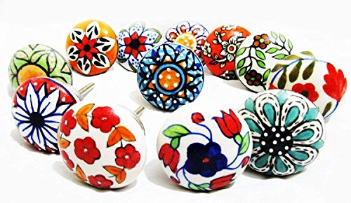Juego de 12 pomos hechos a mano de cerámica con diseño variado, pintados a mano, ideales para cualquier hogar, cocina u oficina (surtidos)