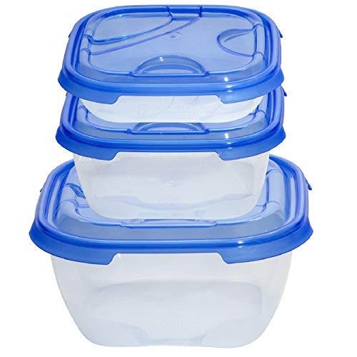 Juego de 3 recipientes herméticos de plástico transparente con tapa para alimentos, color azul