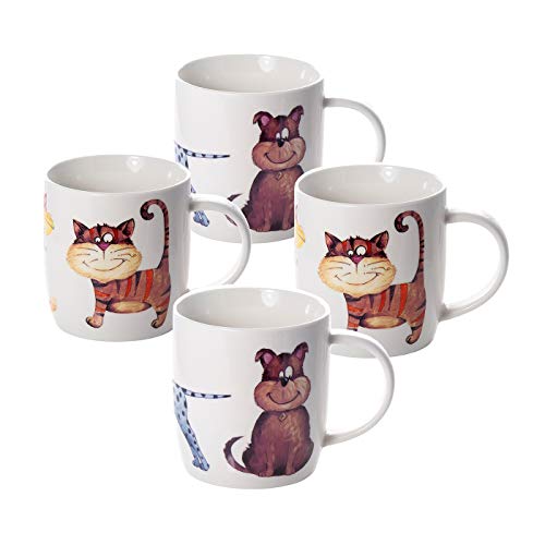 Juego Tazas de Café, Tazas Desayuno Originales de Té Café, Porcelana con Diseño de Gatos y Perros, 4 Piezas - Regalos para Amantes de los Animales Mujeres y Hombres