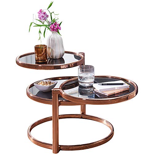 KADIMA DESIGN Mesa de centro de diseño moderno ISUS con 3 placas de mesa negro/cobre, 58 x 43 x 58 cm, mesa auxiliar redonda para salón, de cristal/metal, mesa de cristal
