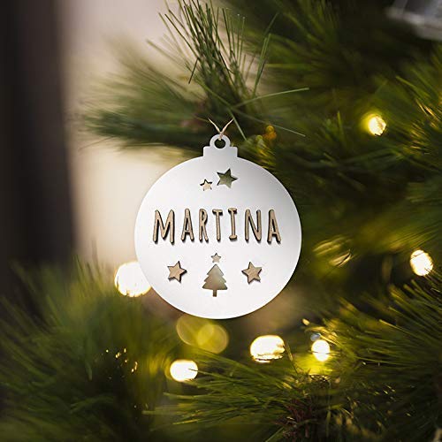 KARIVOO Bola para árbol de navidad personalizable con nombre, en color blanco y madera MDF